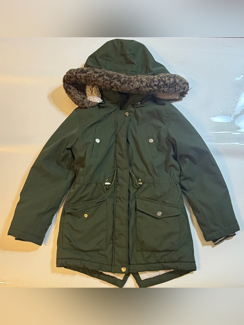 Children's Olive Hooded Puffer Coat with Faux Fur Trim